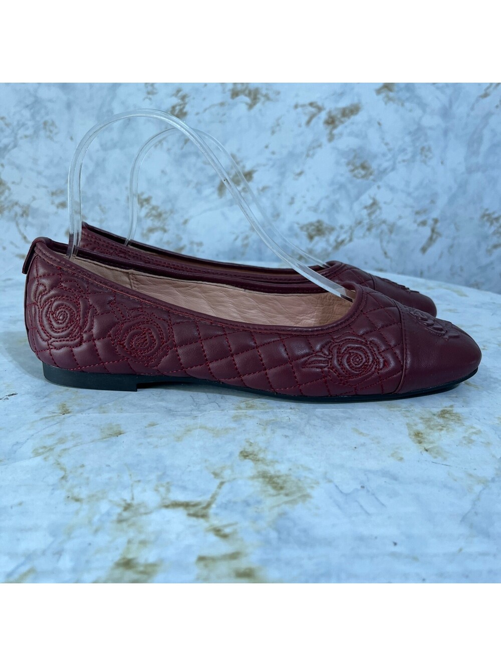 Taryn Rose Womens Size 7.5 Shoes Red Leather Floral Comfort Quilted Ballet Flats